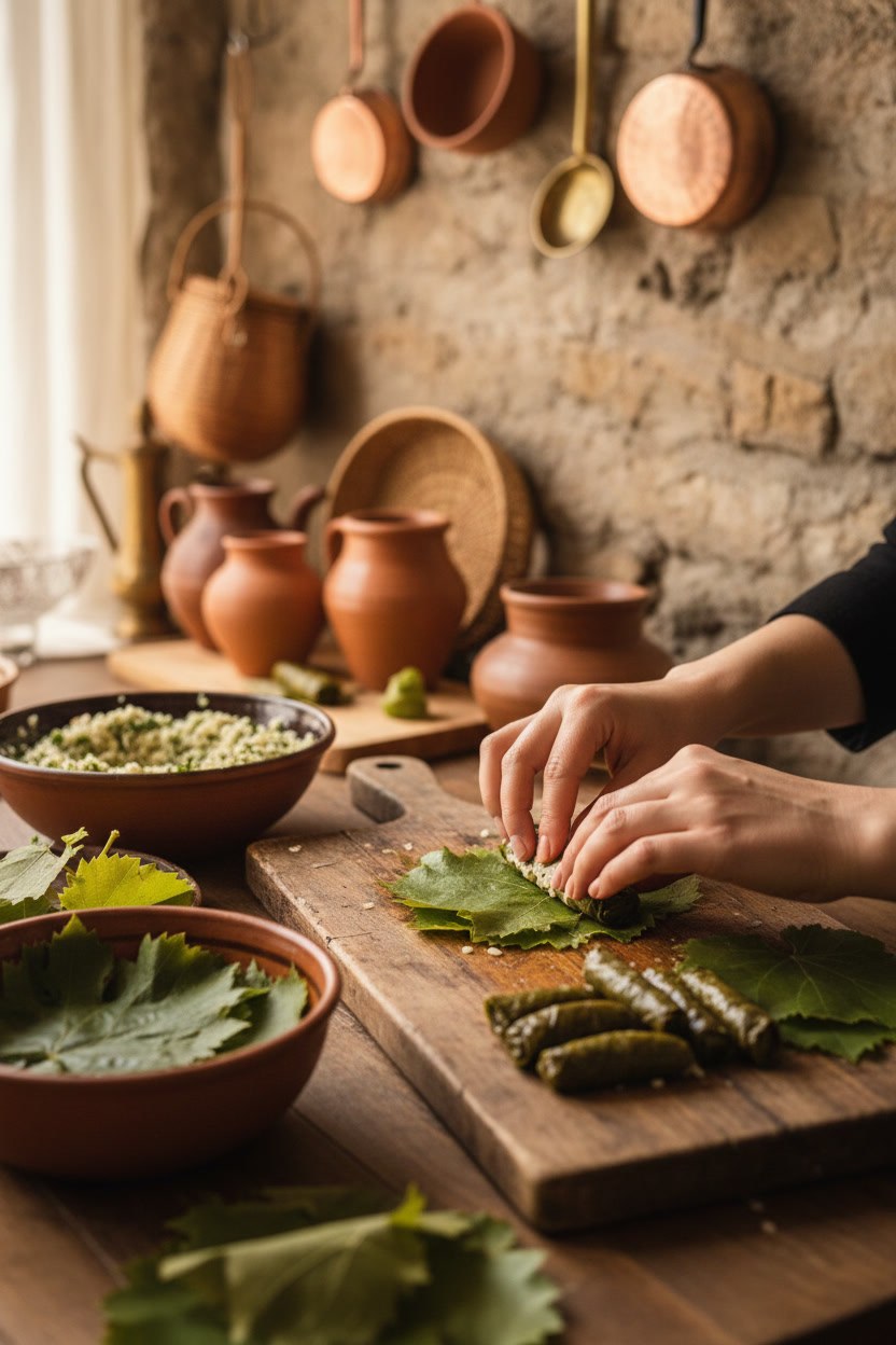 Yaprakevi mutfağında yaprak sarma hazırlığı