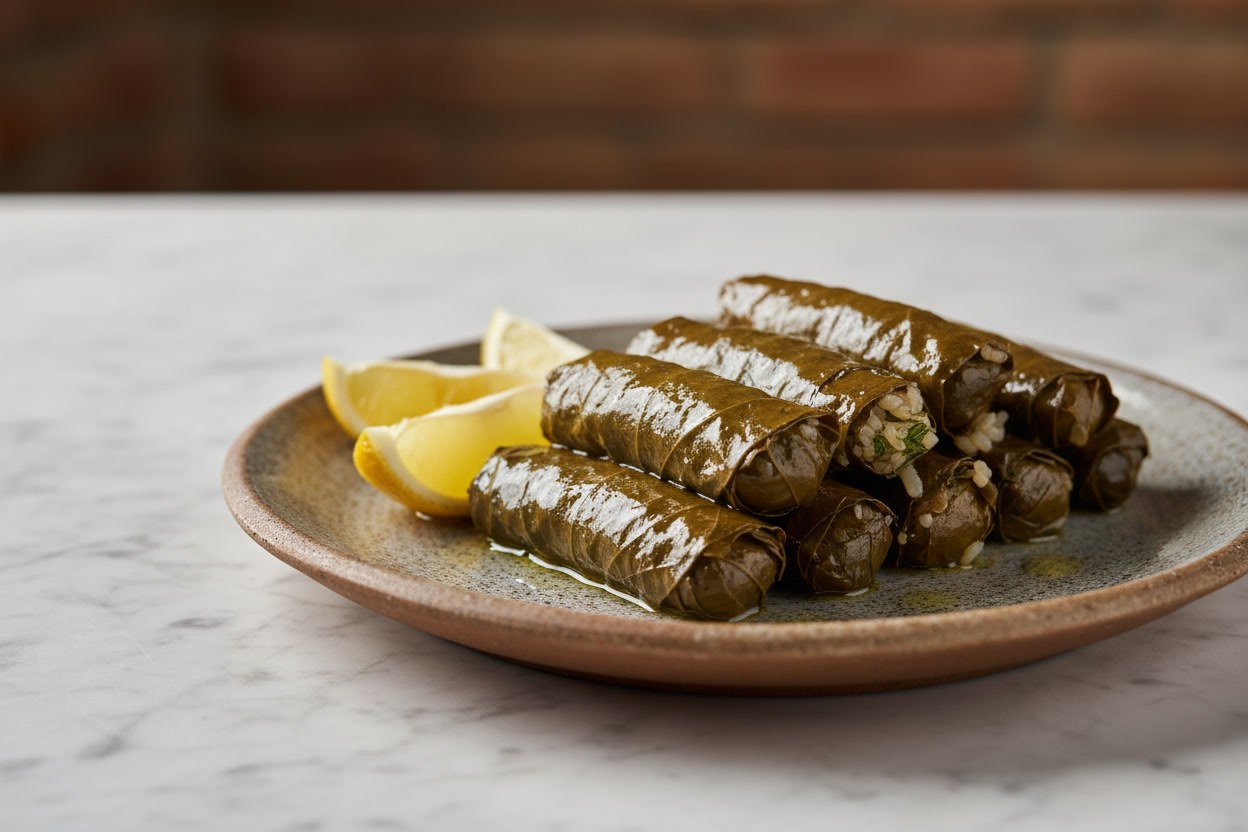 Tabakta dizili zeytinyağlı yaprak sarma, limon ve zeytinyağı parıltısıyla